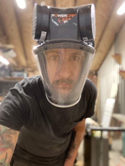 @brokencompasswoodworking in the Powercap Active PAPR Respirator designed for beards