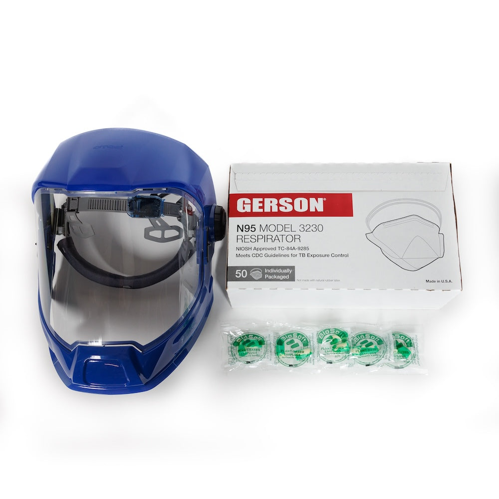 50 x NIOSH N95 Mask, High-impact Face Shield, and Earplugs Bundle
